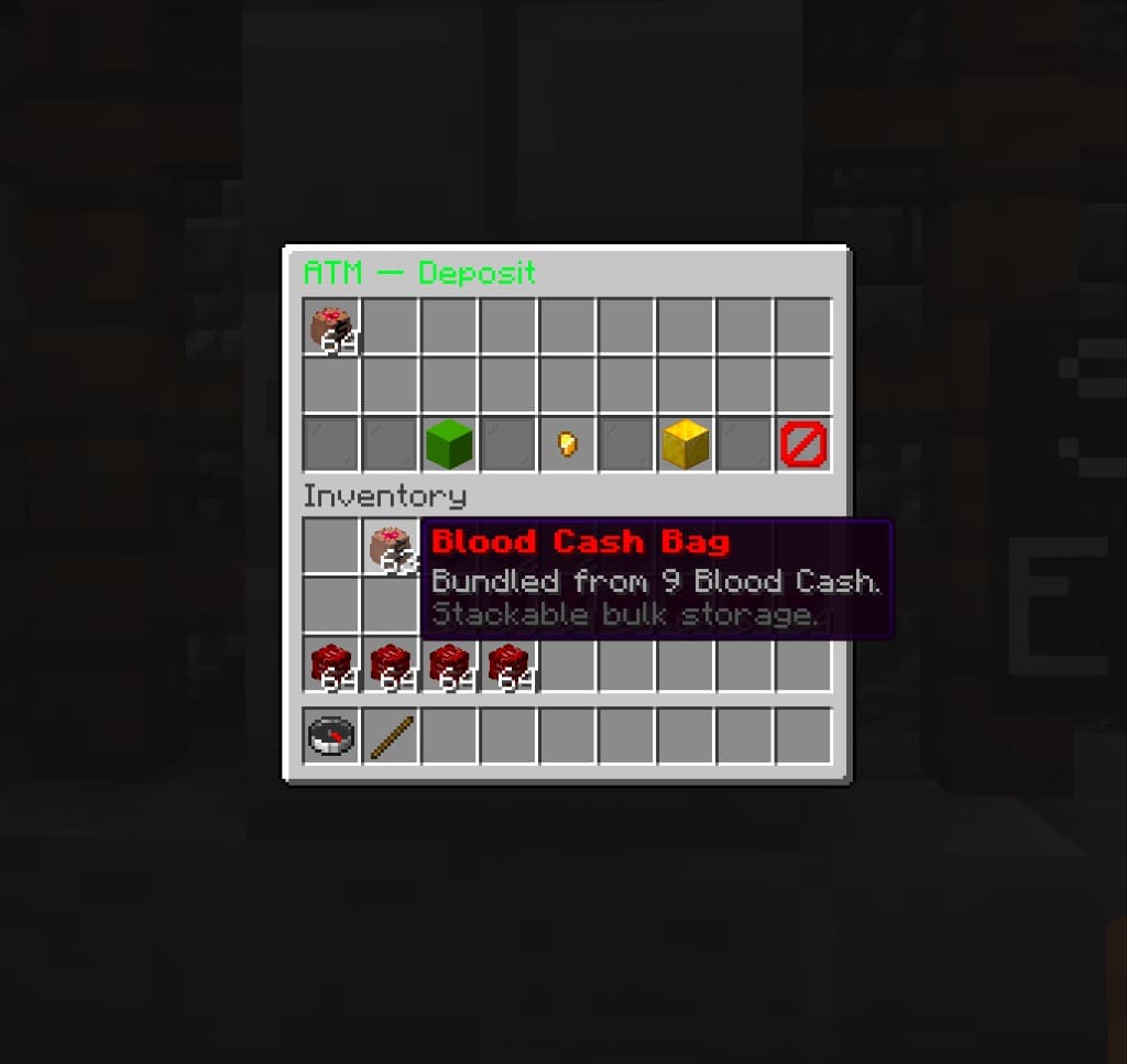 ATM deposit GUI — Blood Cash and bags in the top slots, withdraw buttons below