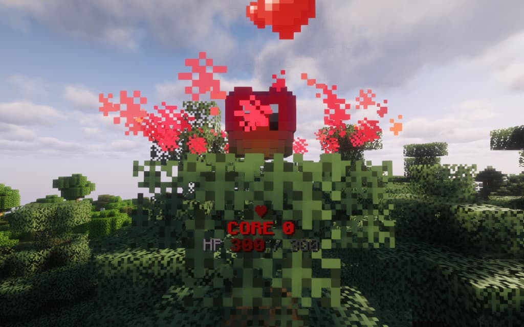 Heart Core in the world — right-click any block in your claim to see HP on the hologram, CORE 0 HP 300/300