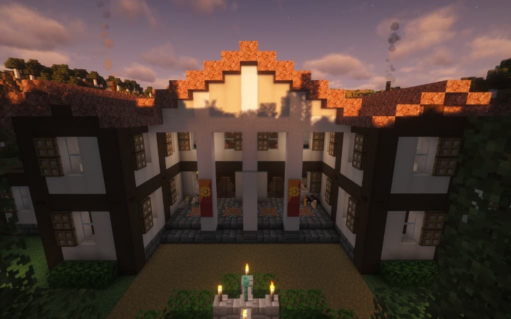 Example player build — a symmetrical copper-roofed manor courtyard
