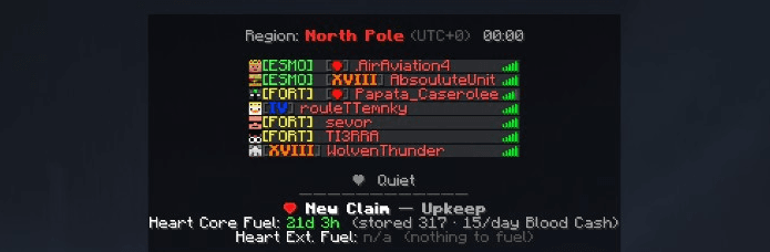 Tab list showing New Claim upkeep — 21d 3h stored, 15 per day Blood Cash