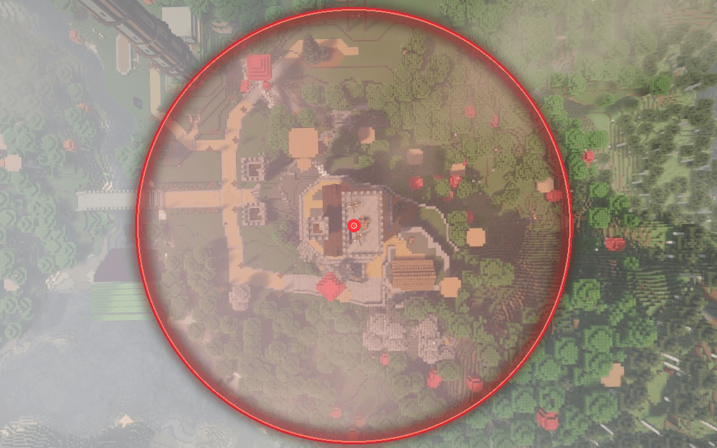 In-game top-down view of a base with the 100-block spherical claim drawn around it