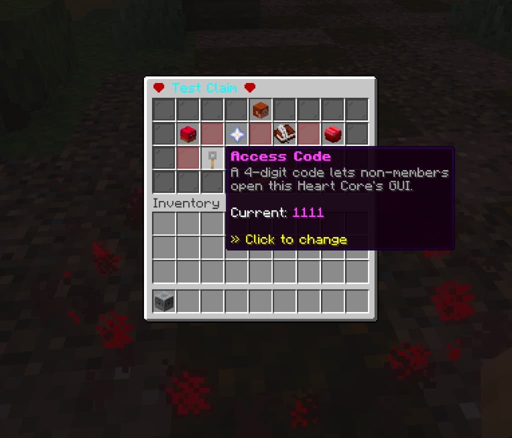 Heart Core GUI — tripwire hook tooltip showing the current 4-digit access code