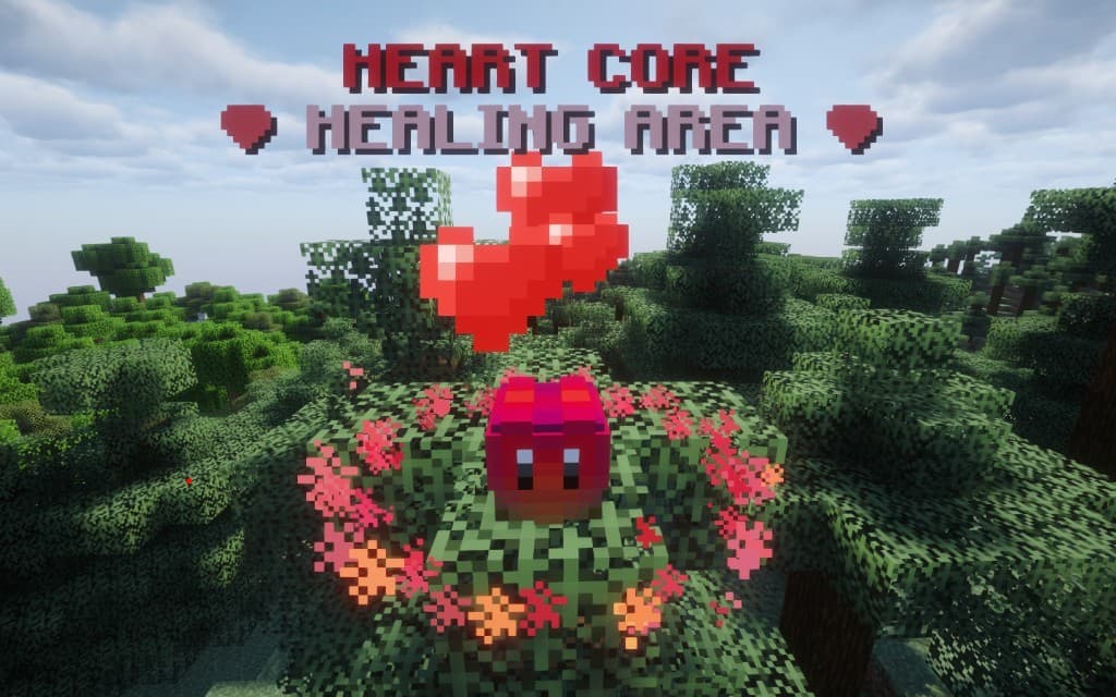Heart Core actively healing with heart particles over the block