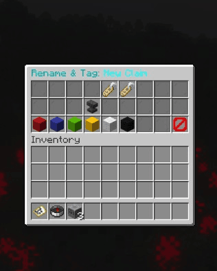 Rename and Tag menu — name tags, anvil, and wool color picker