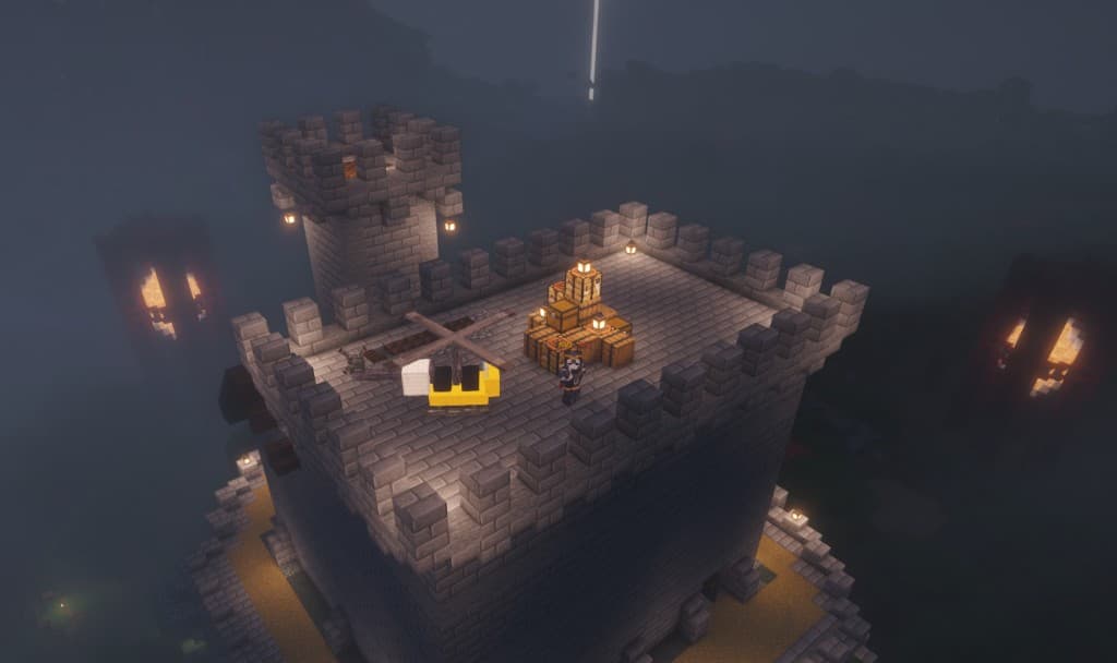 Helicopter on a castle roof — right-click the iron block on the chopper to refuel