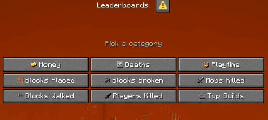 /leaderboard category picker — Money, Deaths, Playtime, Blocks, Mobs, Top Builds and more