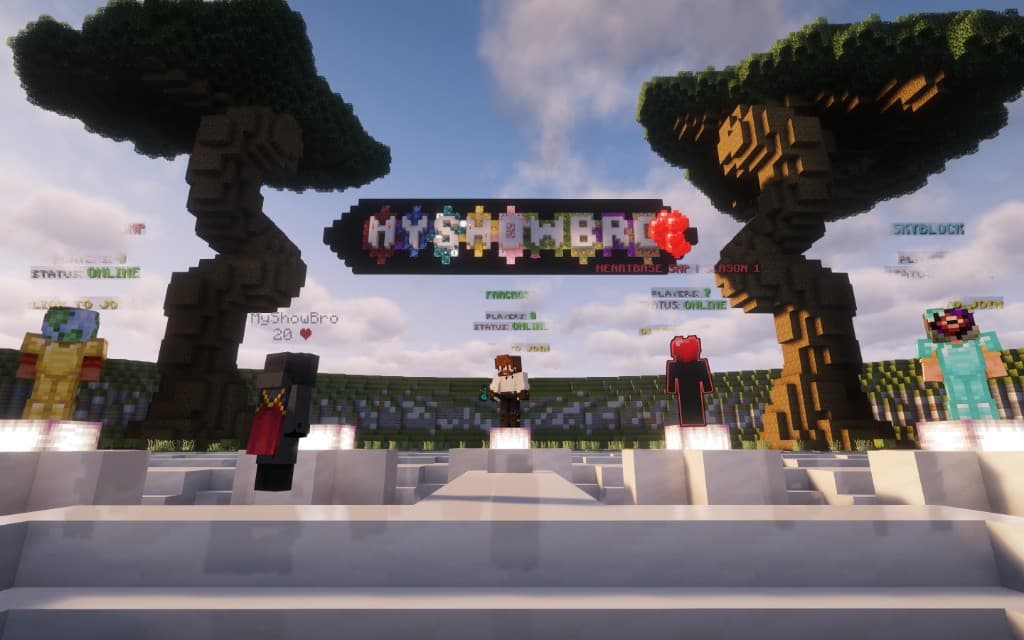 MyShowBro network lobby — Heartbase SMP NPC with heart head to the right of center