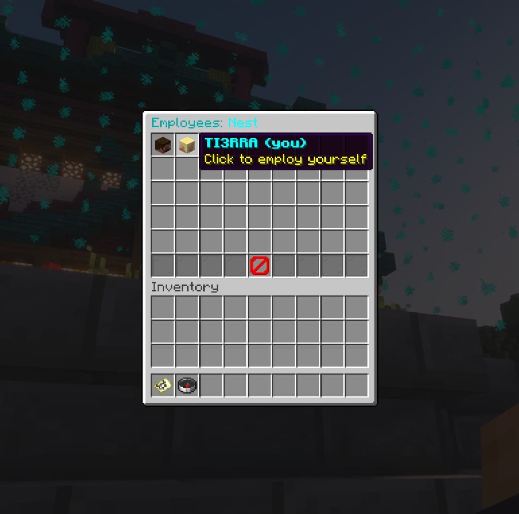 Employees Nest GUI — click your head to employ yourself, click another player to invite them