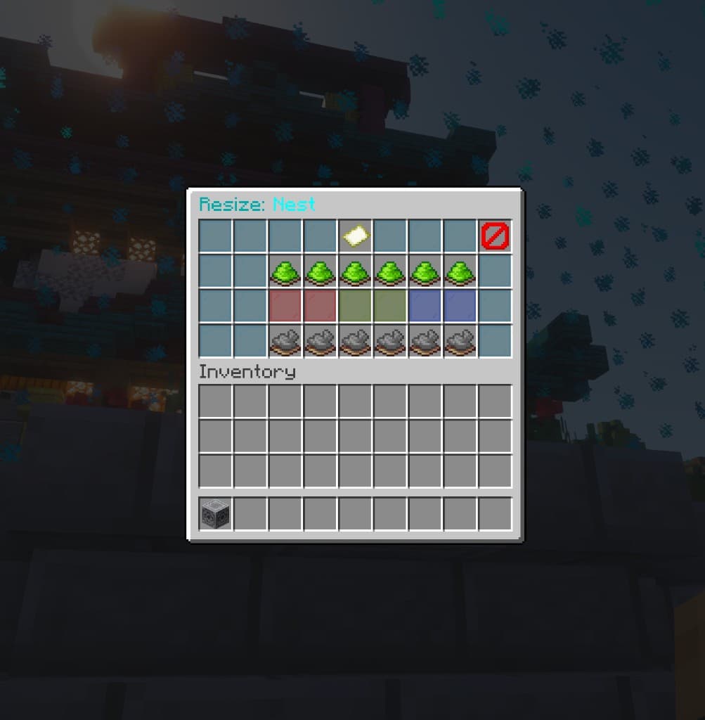 Resize Nest GUI — axis glass colors, lime dye grows, gray dye shrinks (+X −X +Y −Y +Z −Z)