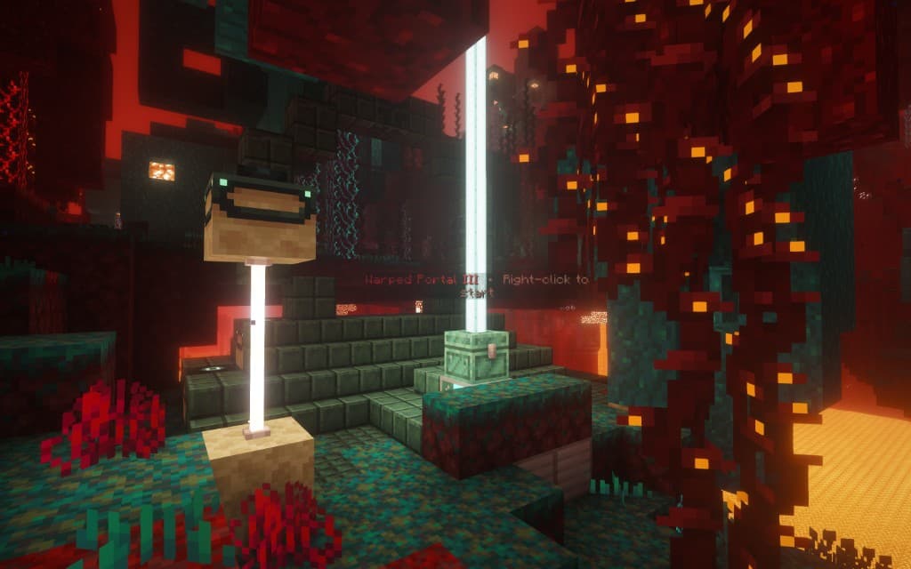 Warped Portal III — a Nether ruin in a Warped Forest with a right-click to start prompt
