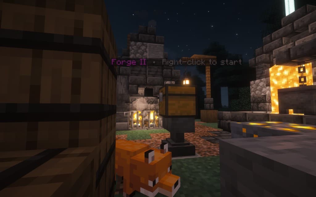 Forge II — an overworld ruin with a forge structure and right-click to start prompt