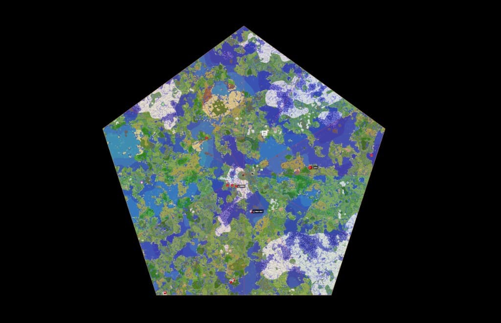 Live map of the Heart Base world — pentagon border with terrain, biomes, and player markers