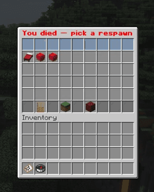You died — pick a respawn menu with bed, heart, door, grass block, and nether block options