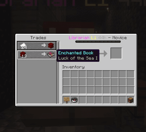 Custom ruin villager trade menu — paper and Blood Cash items traded for enchanted books