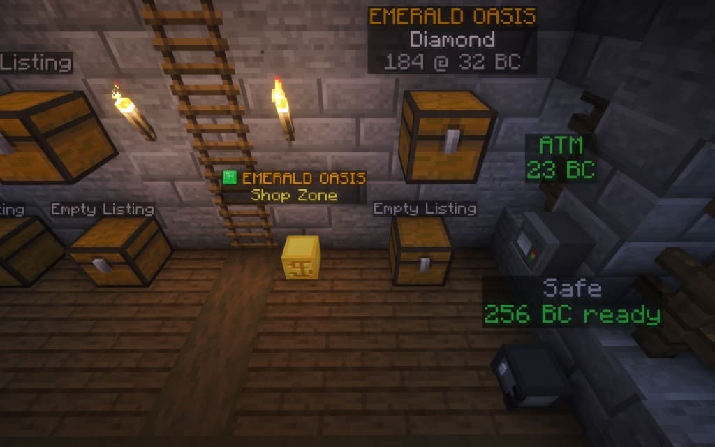Active shop setup — Emerald Oasis zone block, diamond listing, empty listing, safe with 256 BC ready, ATM with 23 BC floating label