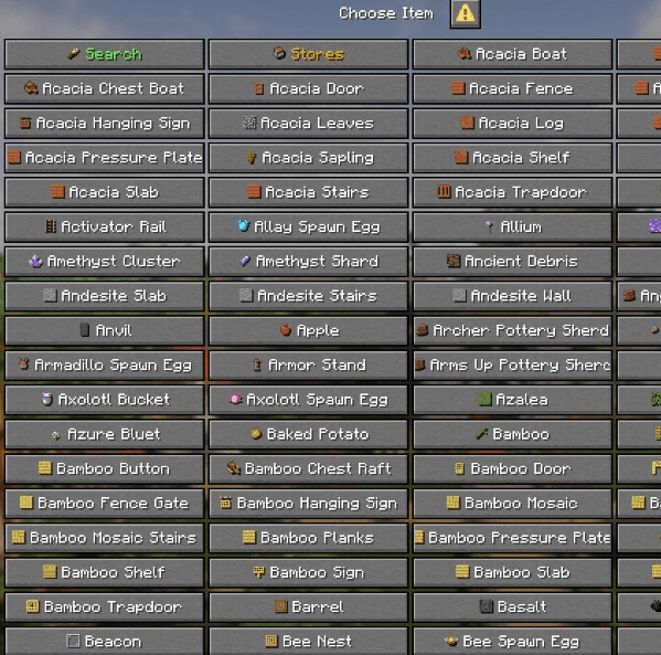 /shop Choose Item menu — scrollable catalog of every item for sale
