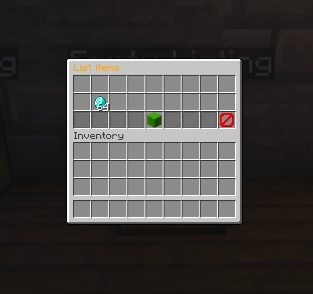 List items GUI — put stock in the top row, green confirm, barrier cancel