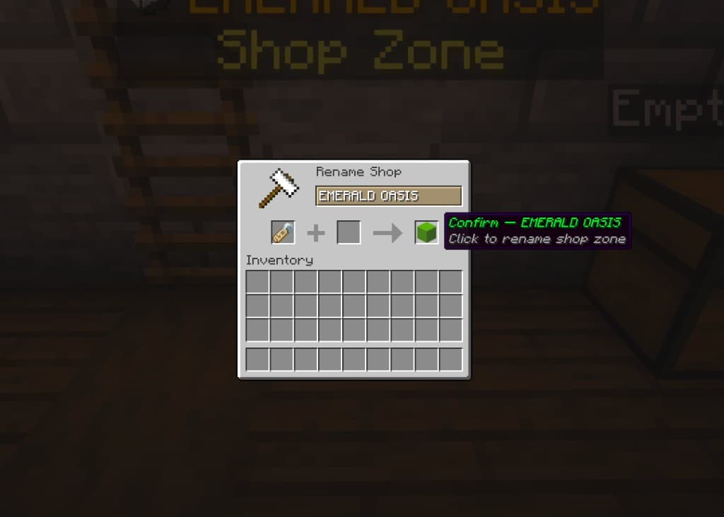 Rename Shop anvil — type the brand name and confirm with the green button