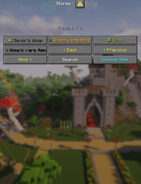 /shop Stores menu — list of player shops on the server